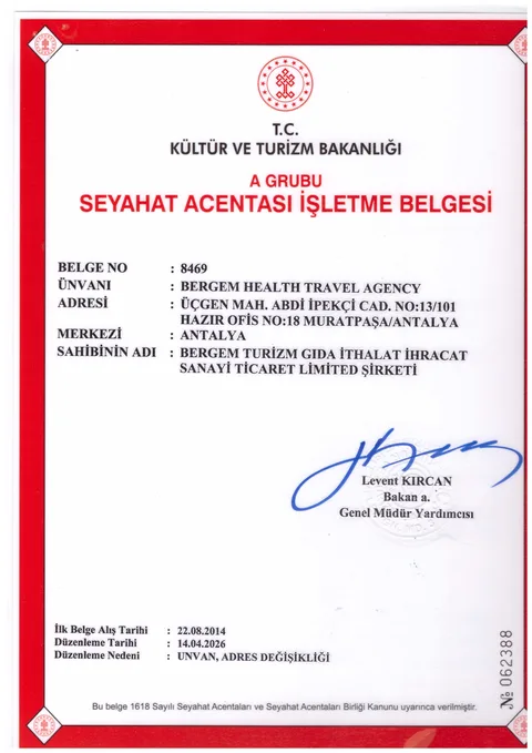 8469 No’lu A Grubu Seyahat Acentası İşletme Belgesi, T.C. Kültür ve Turizm Bakanlığı