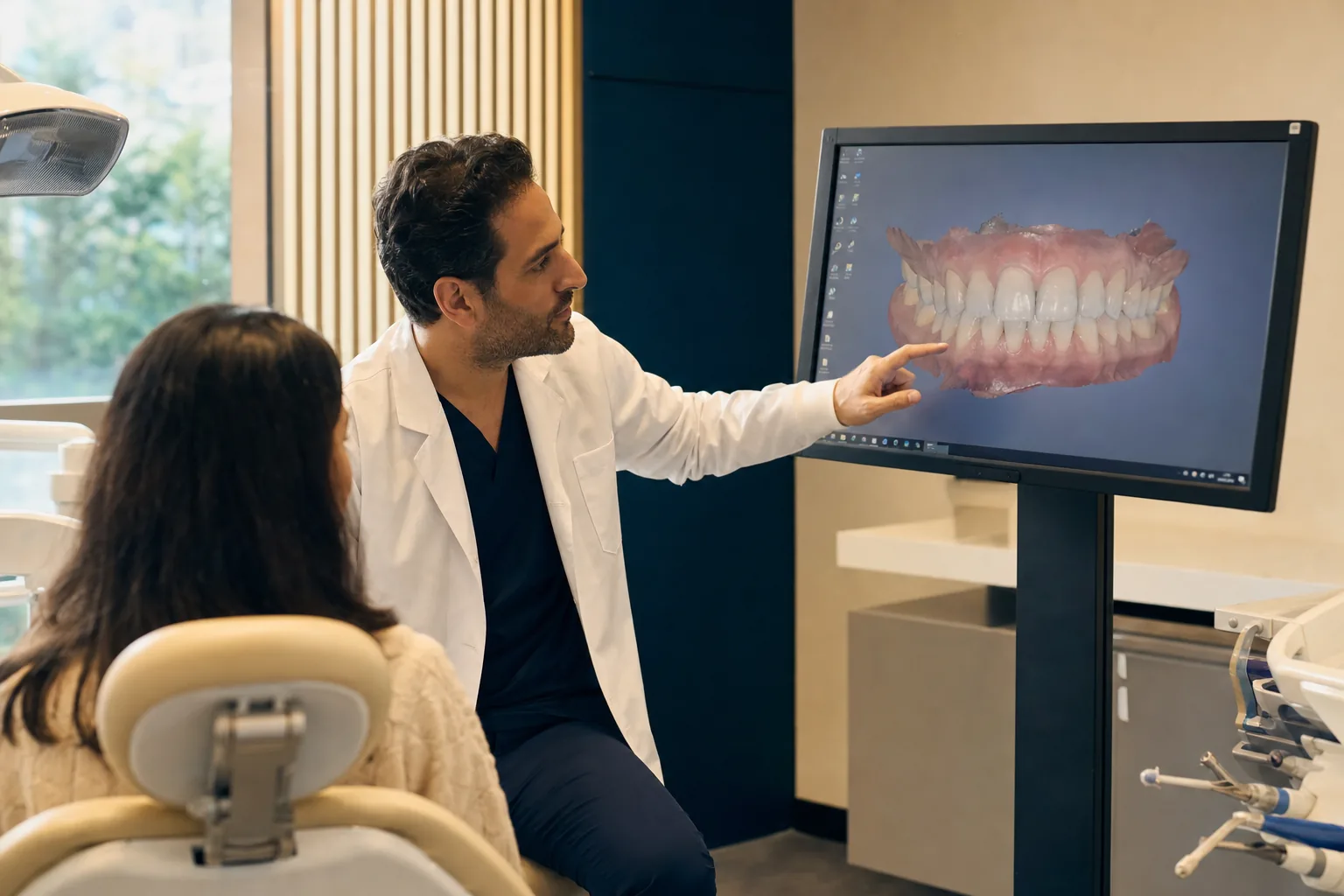 Dental coordinator and patient reviewing a 3D jaw scan on a screen in a Türkiye hospital consultation room