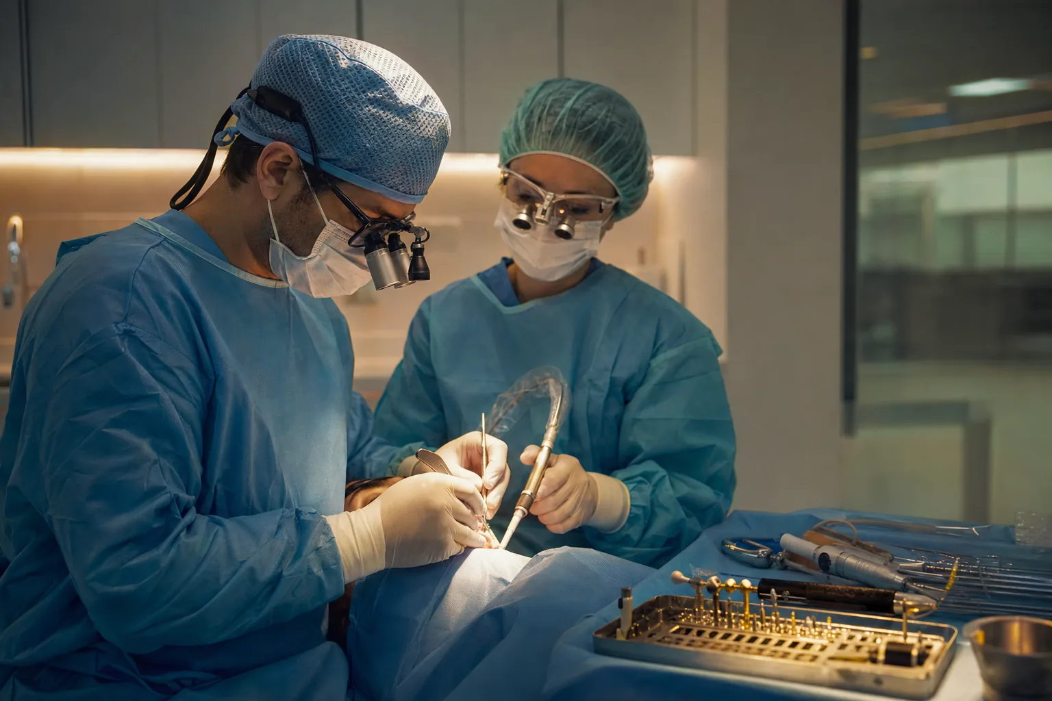 Dental surgeon and assistant in surgical scrubs performing a planned implant procedure in a modern Türkiye operating room