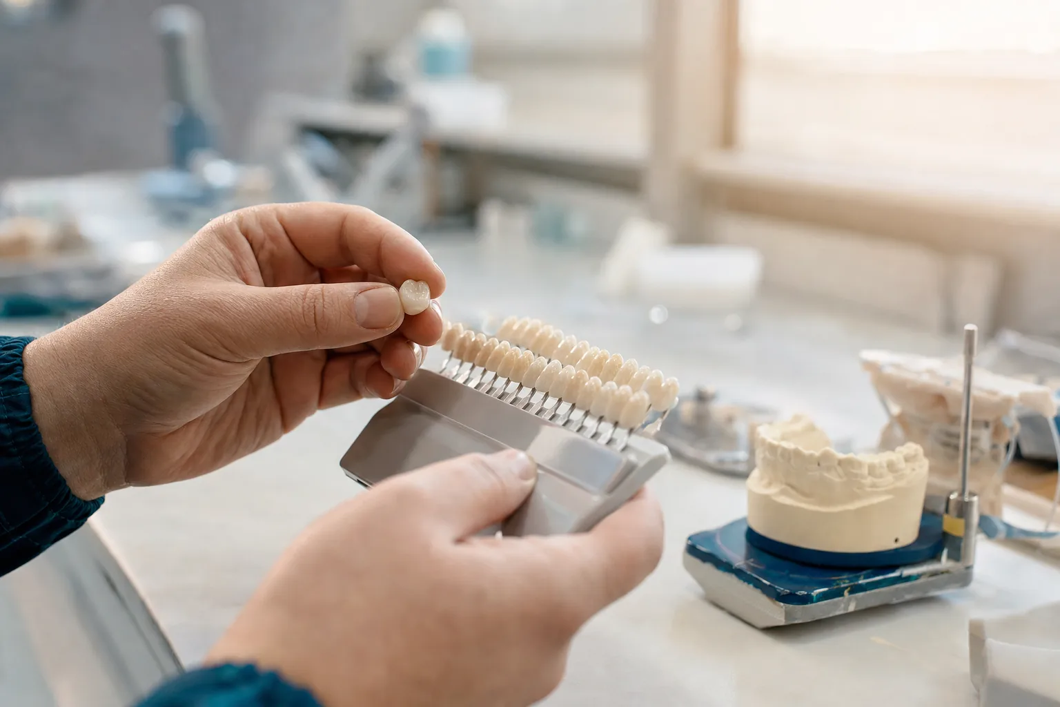 Close-up of a dental technician shade-matching a ceramic crown against a colour guide in a hospital lab