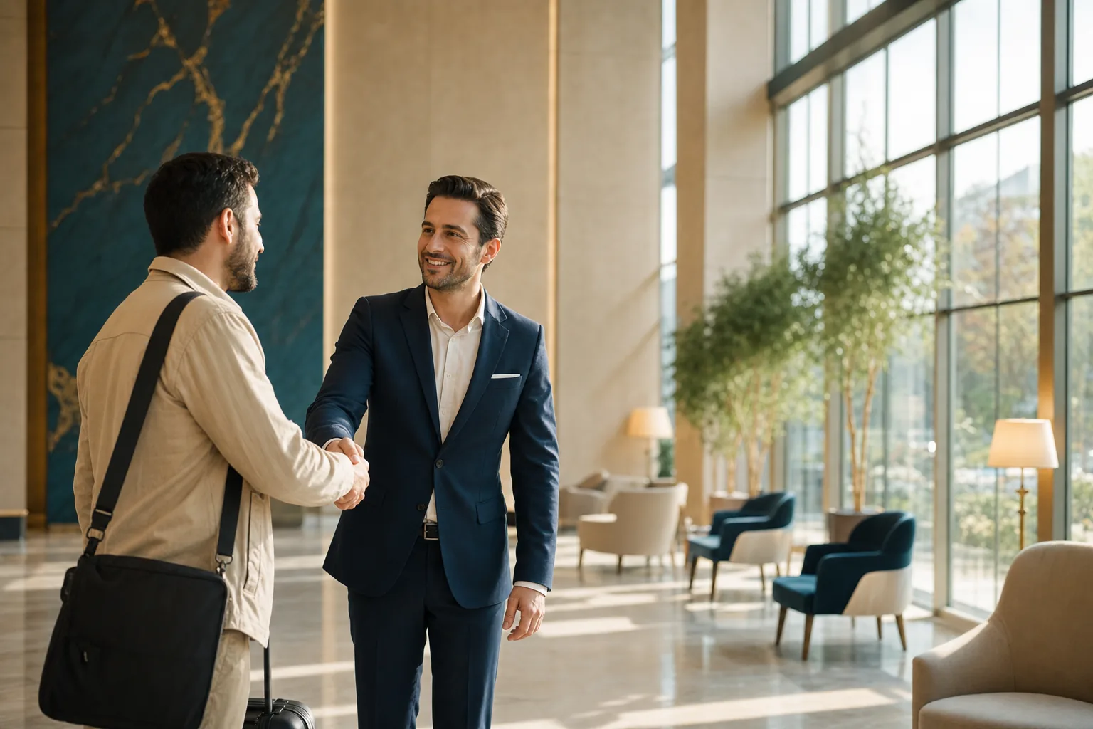 Patient coordinator greeting an arriving patient in a bright hospital lobby in Türkiye