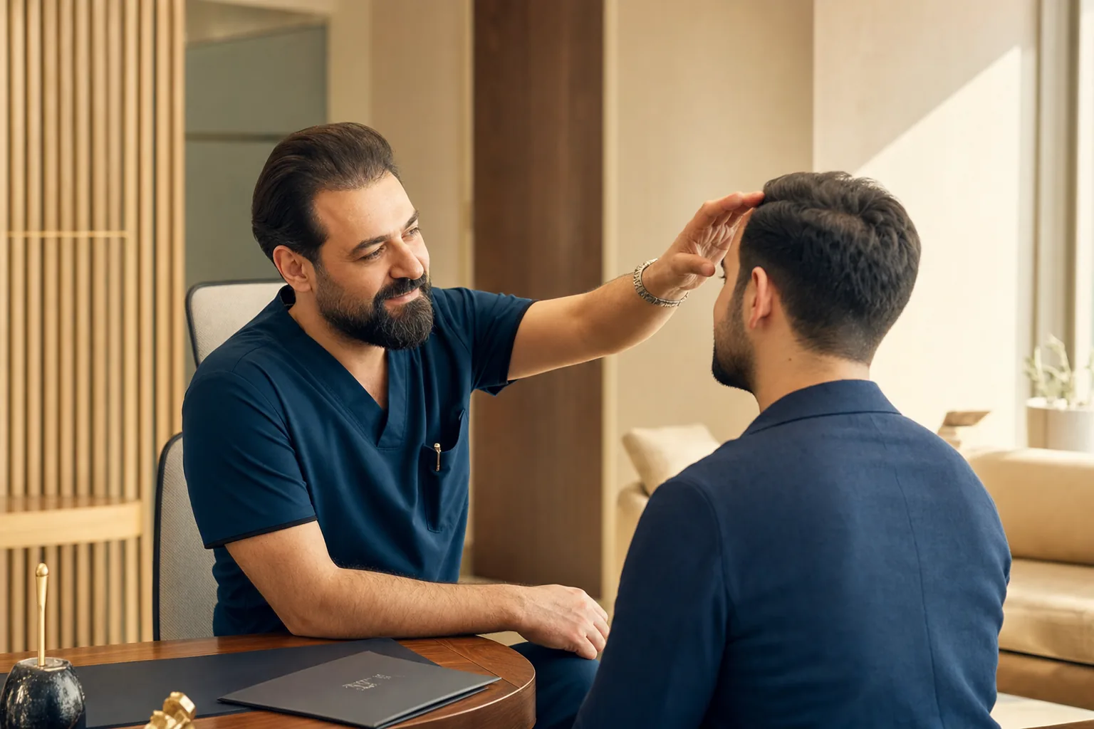Hair restoration surgeon reviewing a patient's scalp and hairline plan in a bright Türkiye hospital consultation room