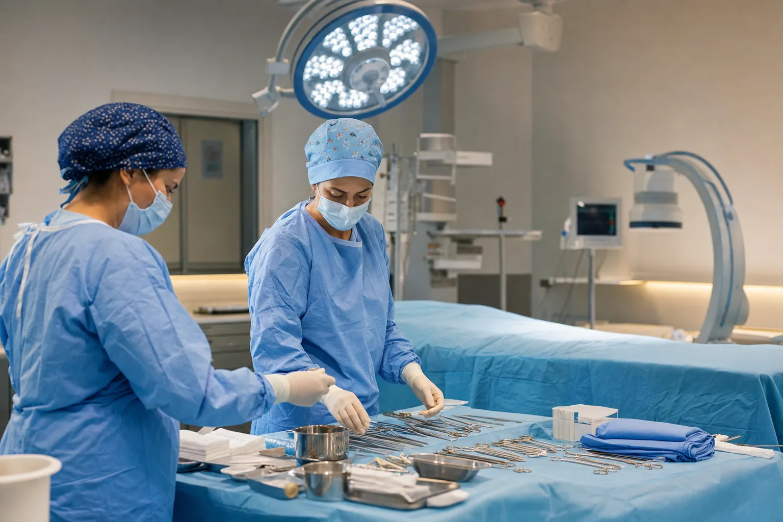 Calm accredited operating room in a Türkiye JCI hospital prepared for a hair restoration procedure with clinical staff