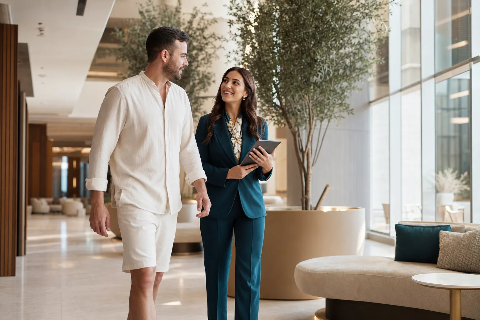Patient and personal coordinator walking together through a modern Türkiye hospital lobby during a medical-travel visit