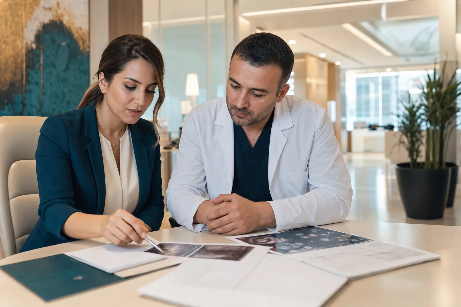 A coordinator and a clinician examining a patient's printed medical reports and scans together at a desk
