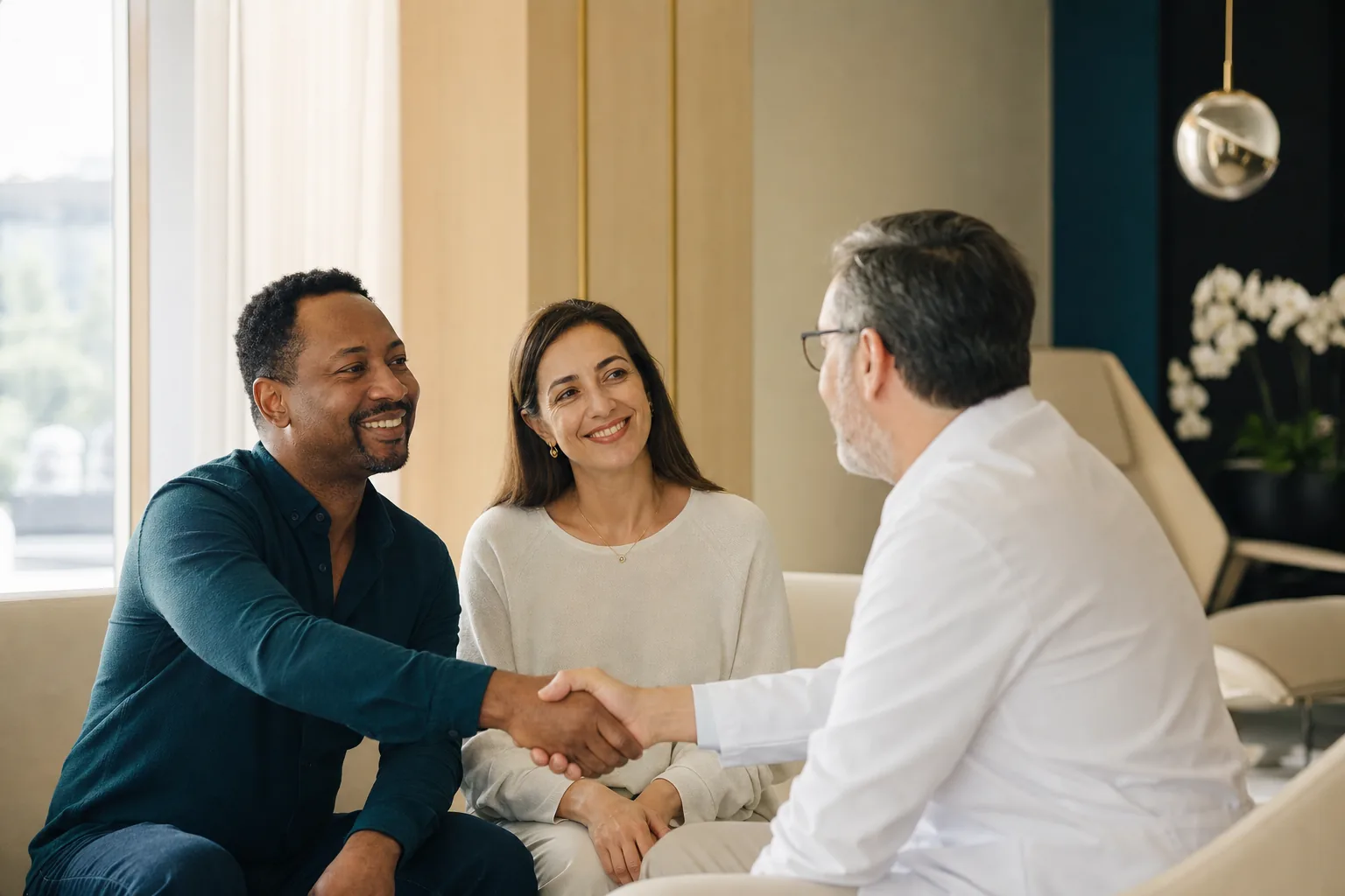 An international patient and a coordinator talking calmly with a department-head surgeon after a successful consultation