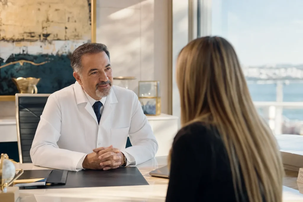 A professor-surgeon speaking with an international patient in a modern JCI-accredited hospital in Turkiye.