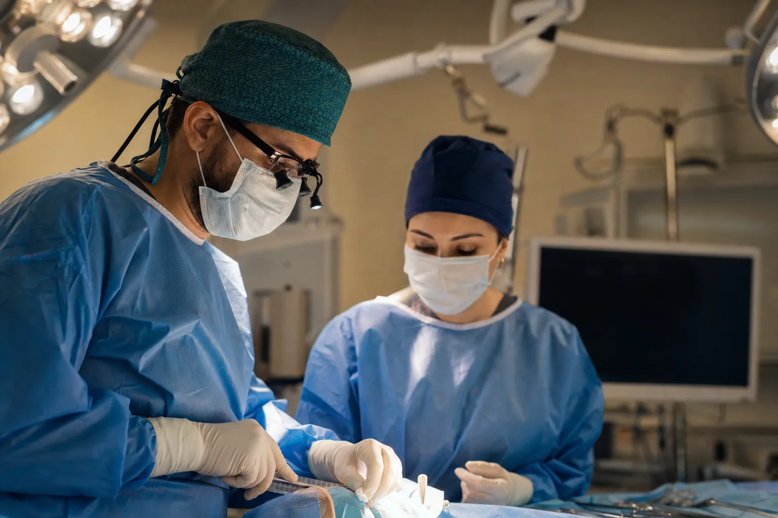 Surgeon and scrub nurse in a modern Türkiye operating theatre under bright surgical lights