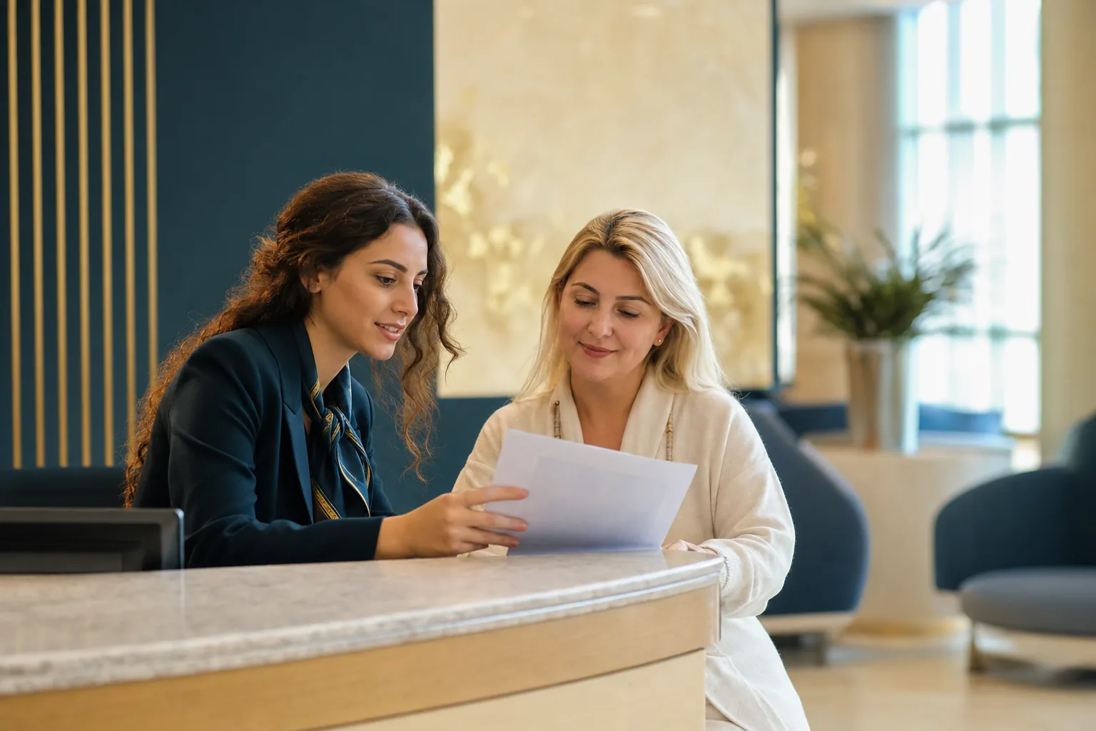 Patient coordinator reviewing a printed treatment plan with a patient at a hospital reception desk