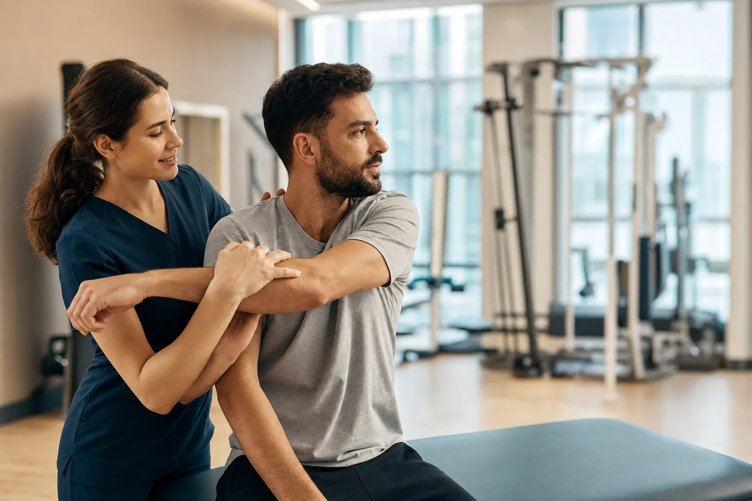 Physiotherapist guiding a recovering patient through gentle rehabilitation exercises in a bright clinic