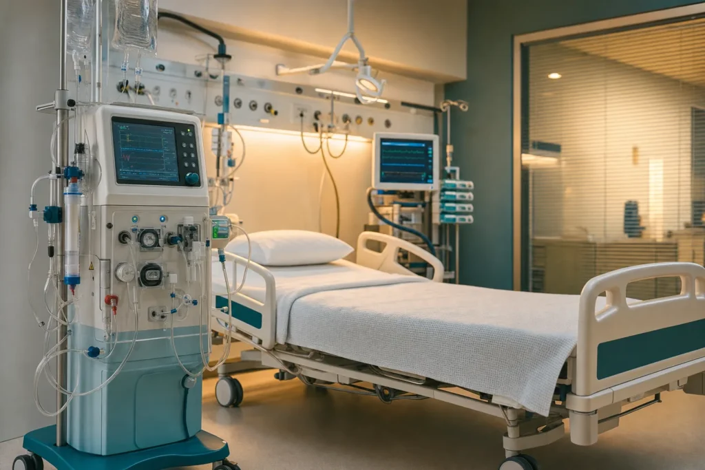 Empty intensive-care bay with organ-support filtration device and monitor.