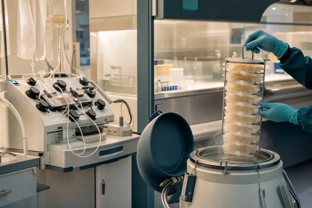 Donor stem-cell processing lab with apheresis device, biosafety cabinet and cryostorage.