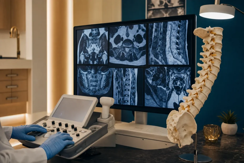 Rheumatology imaging review with spine MRI, a spine model and joint ultrasound.