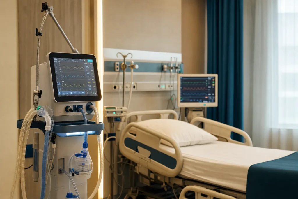 Empty intensive-care bay with mechanical ventilator and patient monitor.