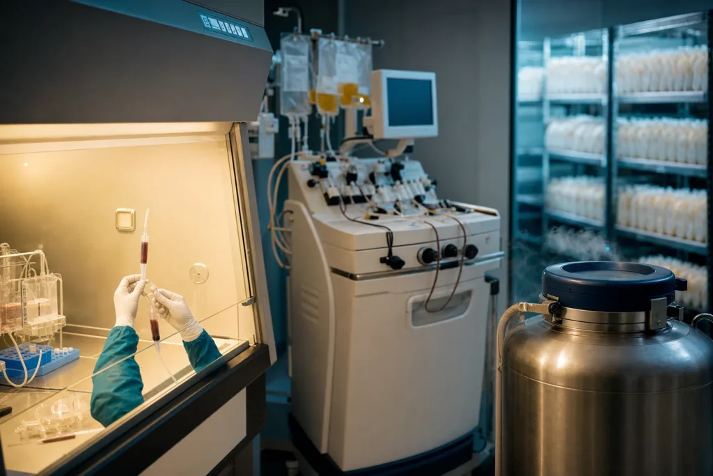 Stem-cell processing lab with biosafety cabinet, cell separator and cryostorage.
