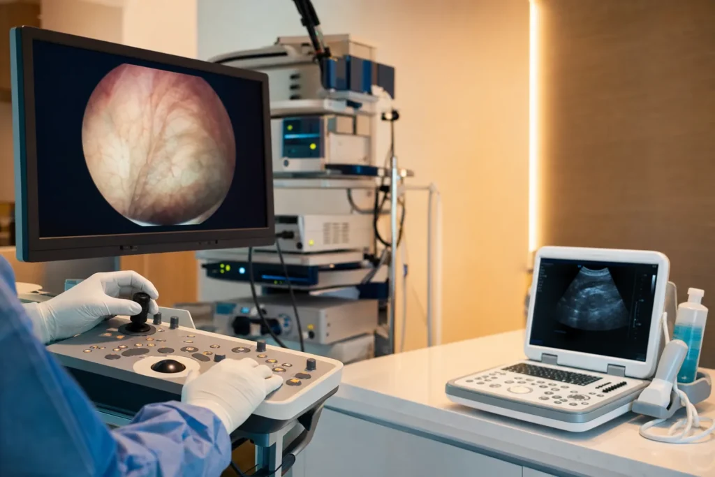 Urology review with bladder imaging on a monitor and a cystoscopy tower.