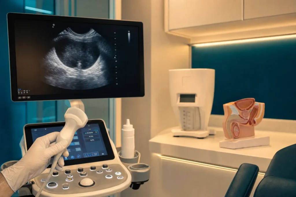Urology room with prostate ultrasound, a uroflowmetry device and an anatomical model.