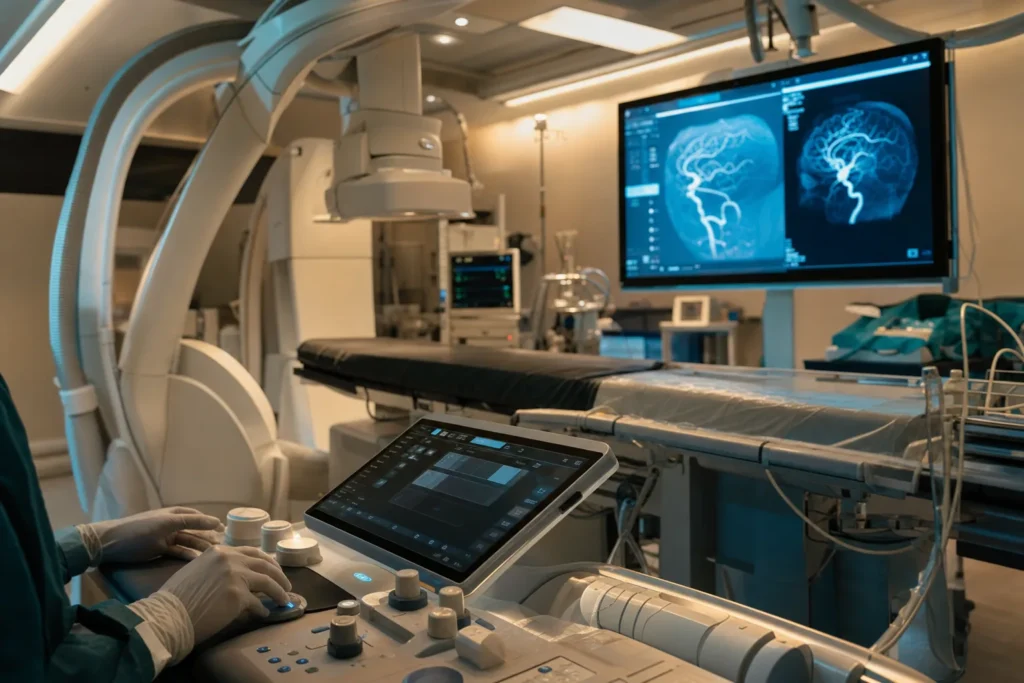 Neuro-interventional angiography suite with biplane system and vessel imaging.
