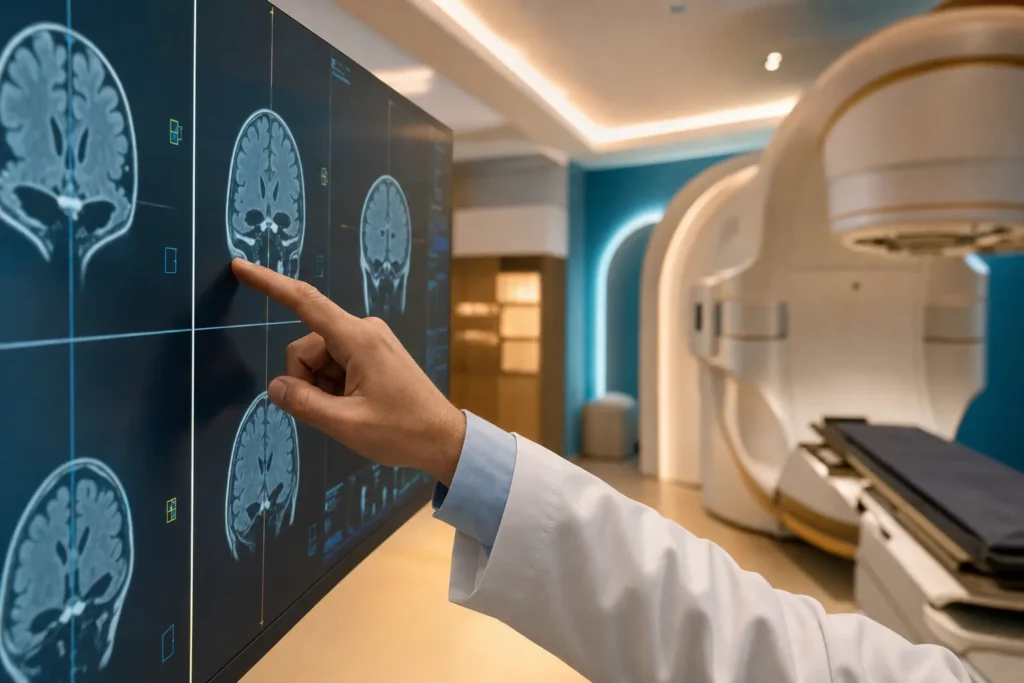 Tumour-board planning with brain MRI on a display and radiosurgery equipment.