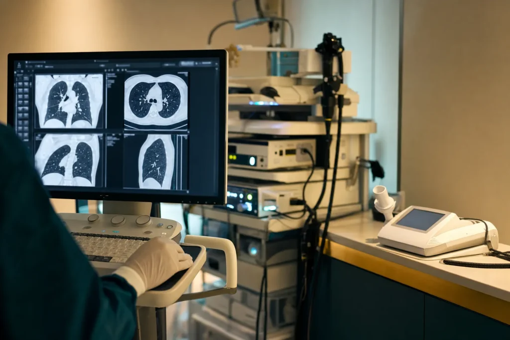Pulmonology room with chest CT on a monitor and a bronchoscopy tower.