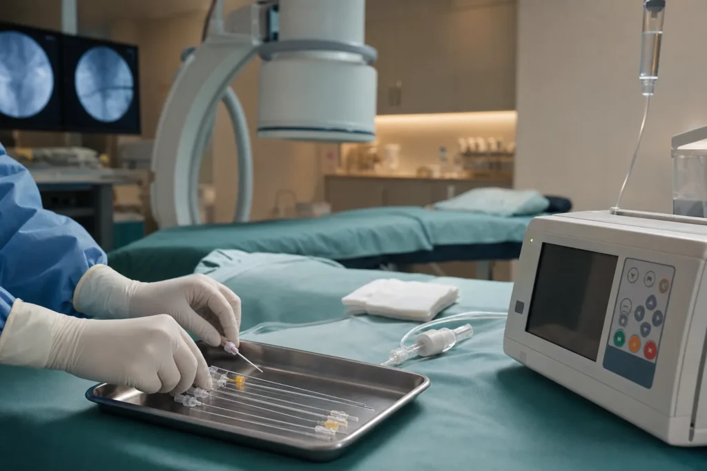 Pain-management procedure setting with a fine-needle tray and an infusion pump.