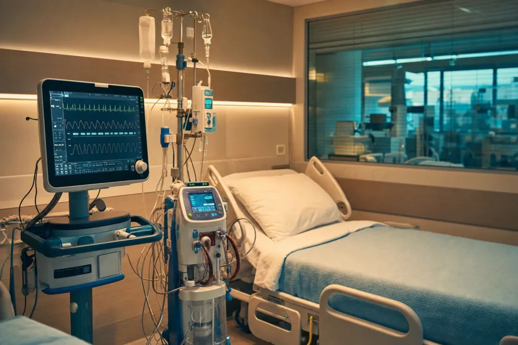 Empty cardiac intensive-care bay with haemodynamic monitor and support equipment.