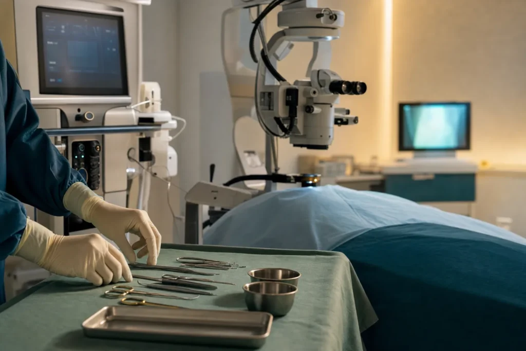 Cataract surgery suite with a phacoemulsification machine and ophthalmic microscope.