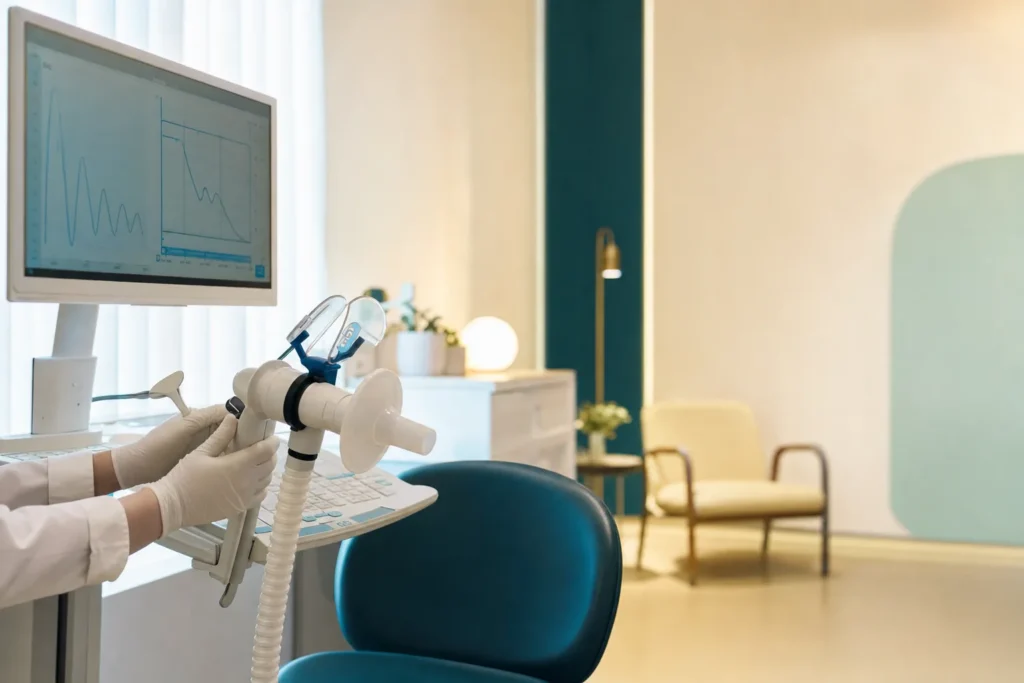 Paediatric lung-function room with a spirometry device and breathing curves.