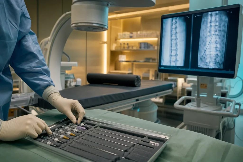 Pain-intervention suite with a fluoroscopy C-arm and spinal-injection tray.