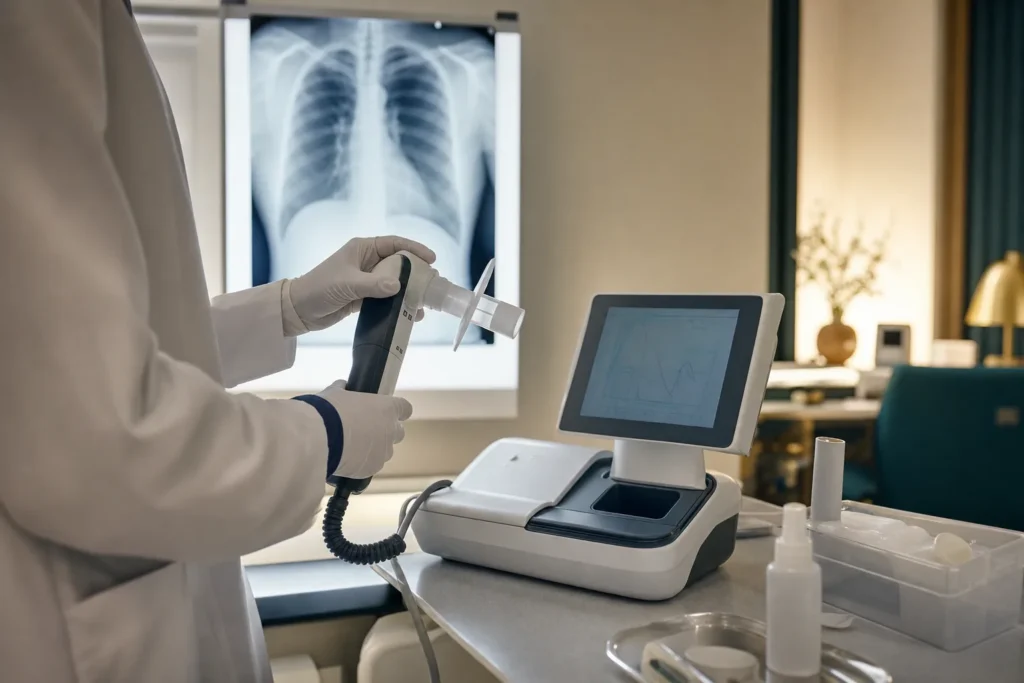 Respiratory clinic with a lung-function device, airflow curves and a chest X-ray.