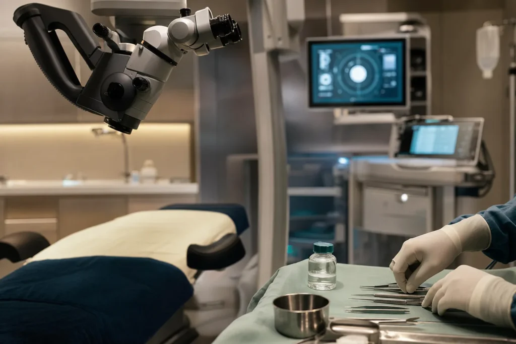Corneal-transplant suite with an ophthalmic microscope and fine micro-instruments.