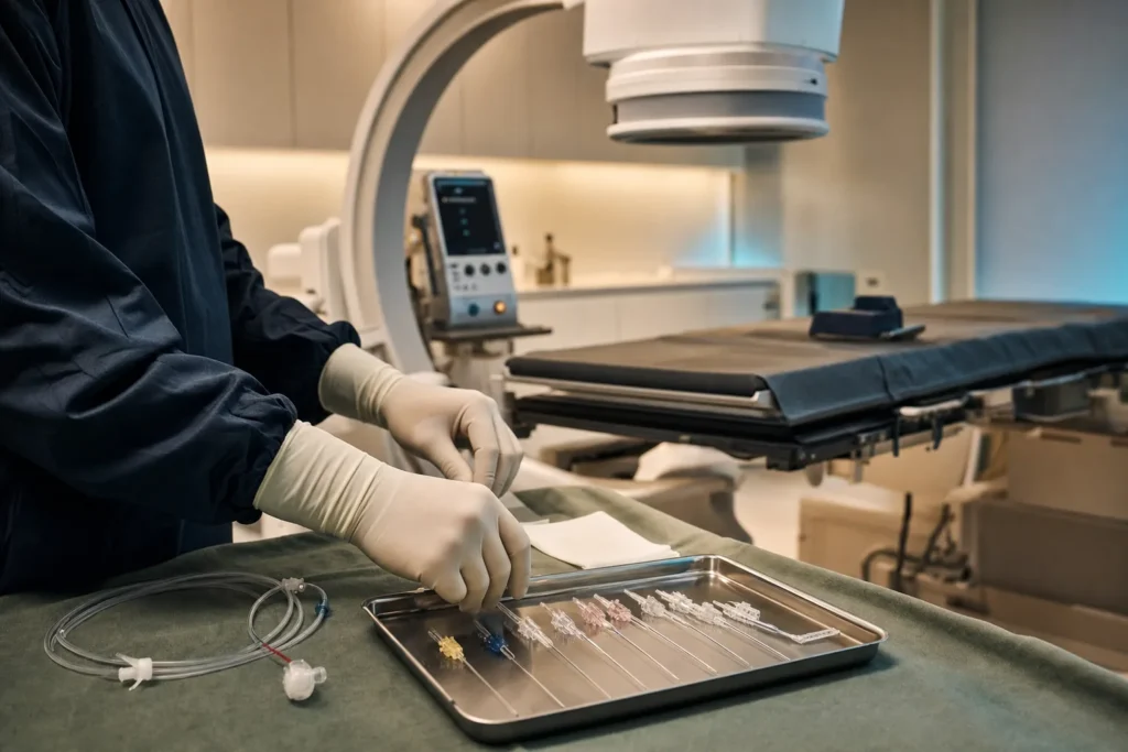 Pain-intervention suite with a fluoroscopy C-arm and nerve-block needle tray.