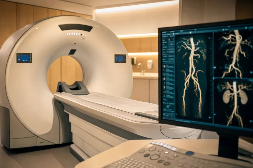 CT imaging suite with a scanner gantry and abstract angiography images on a monitor.