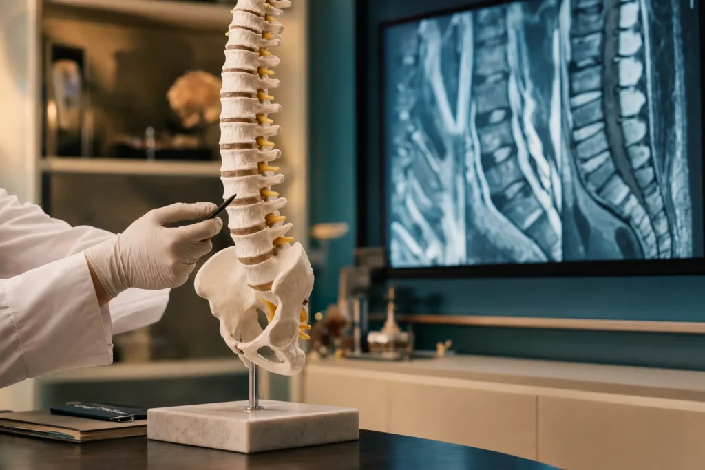 Spine clinic with lumbar MRI on a monitor and an anatomical spine model.