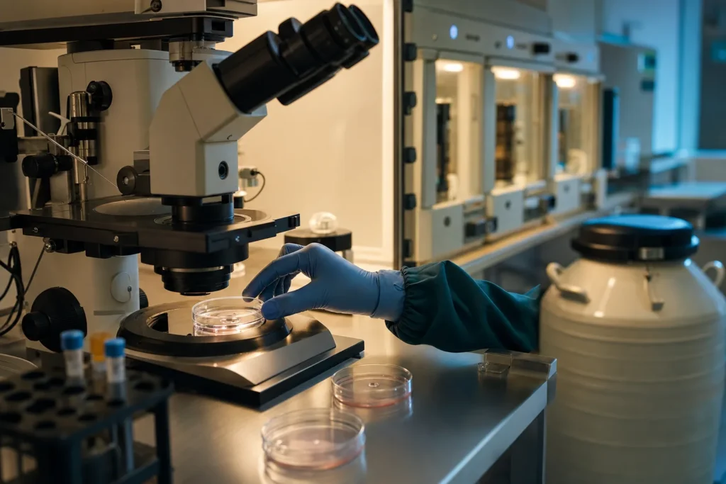 IVF embryology lab with culture dishes, incubators and a cryo-storage dewar.