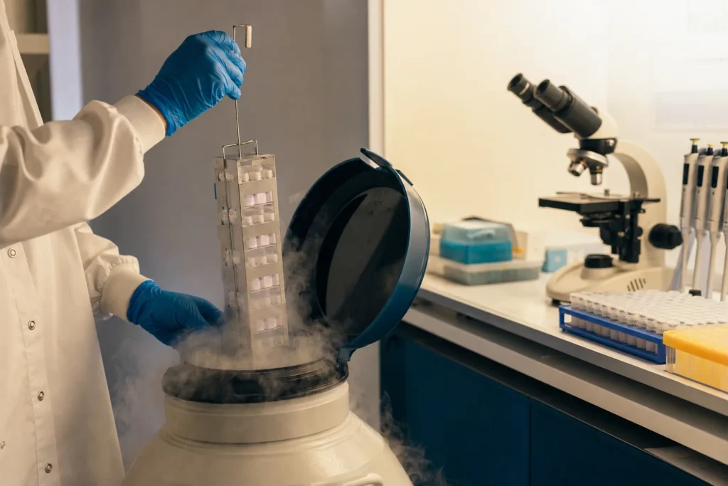 Fertility-preservation cryostorage with nitrogen dewar, cryovials and microscope.