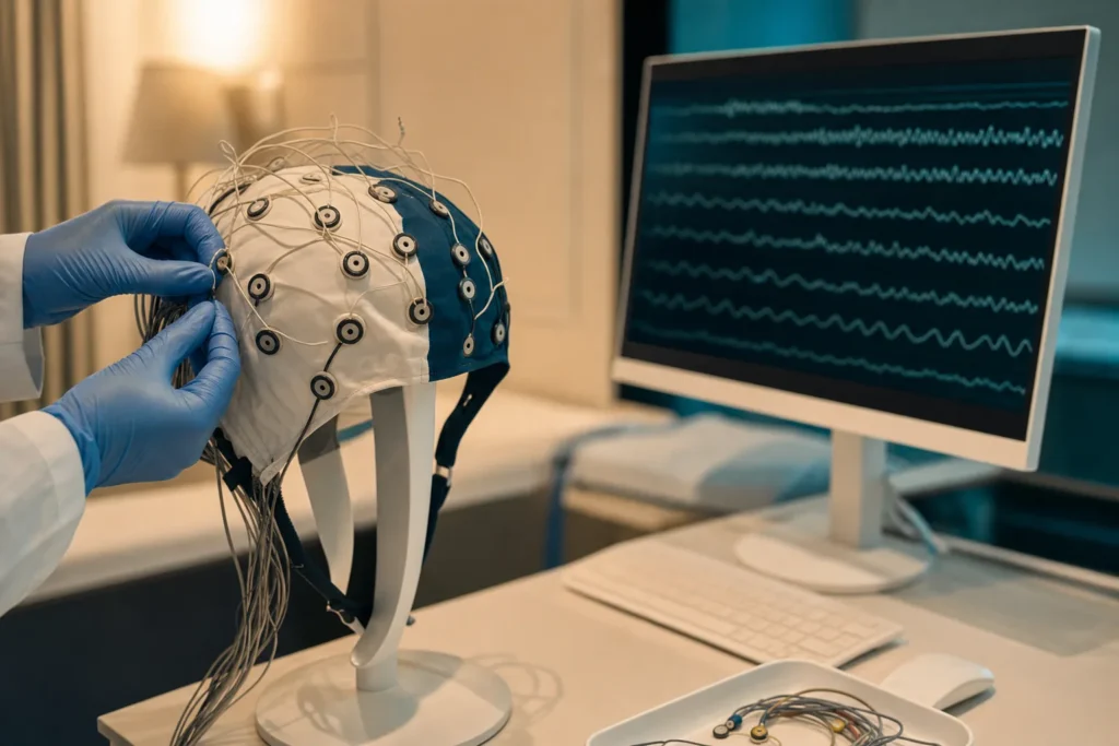 EEG monitoring lab with an electrode cap and brain-wave traces on a screen.