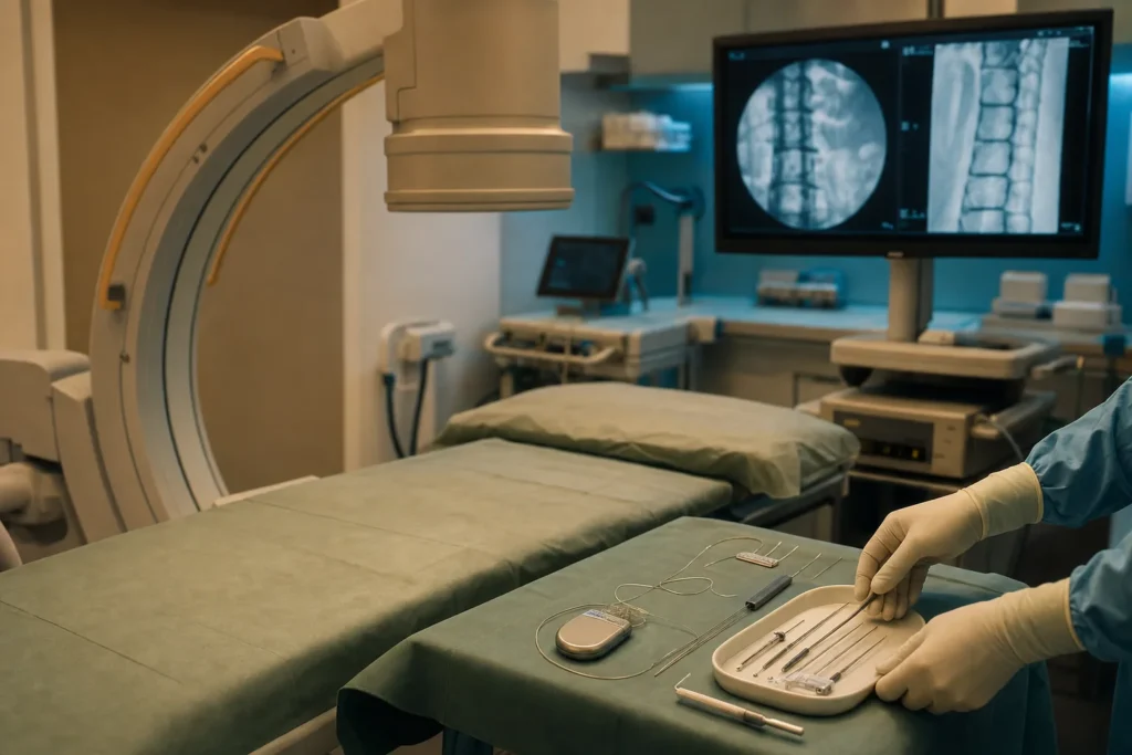 Pain procedure suite with a fluoroscopy C-arm and a neuromodulation device.
