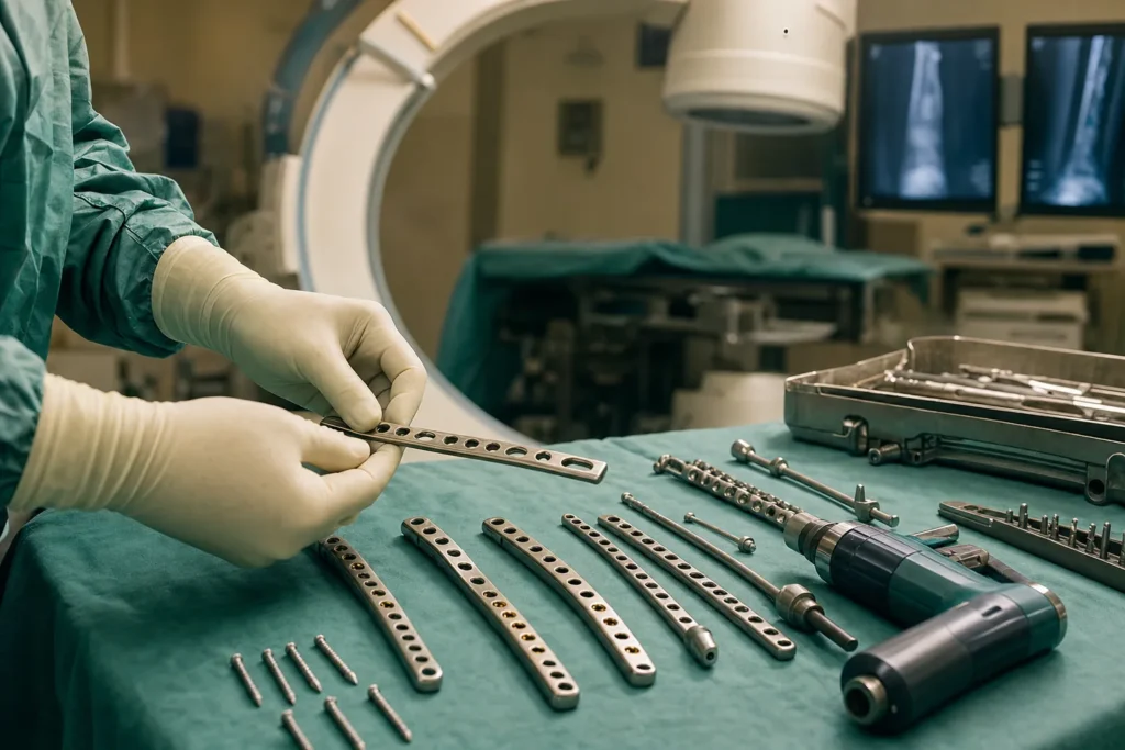 Trauma-orthopaedic implants and instruments with a fluoroscopy C-arm behind.