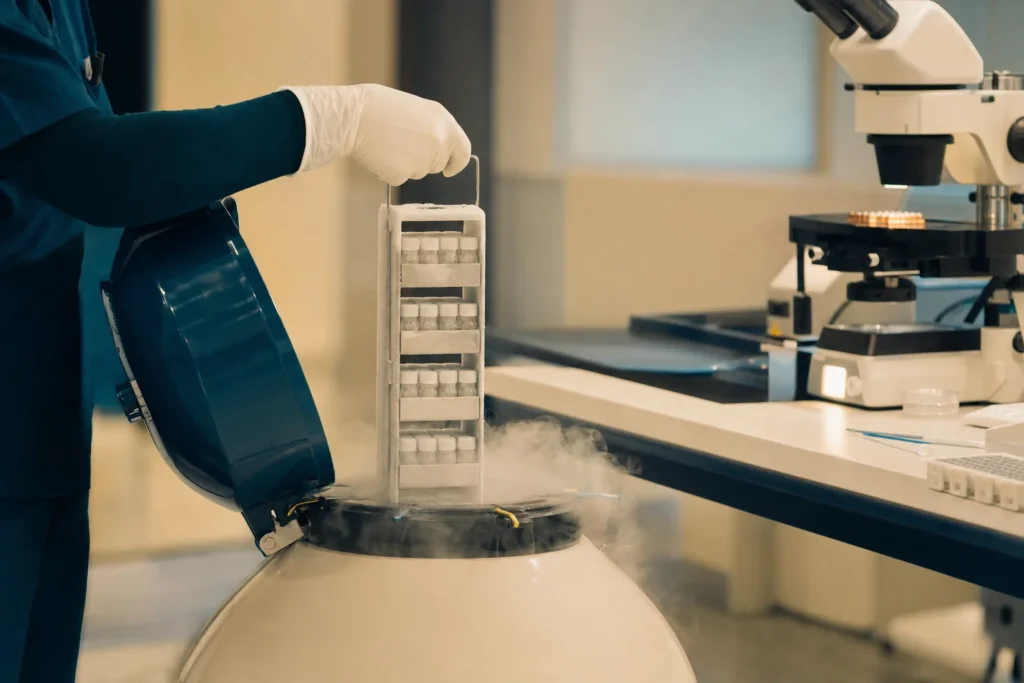 IVF cryostorage dewar with embryo cryovials and a warming microscope station.