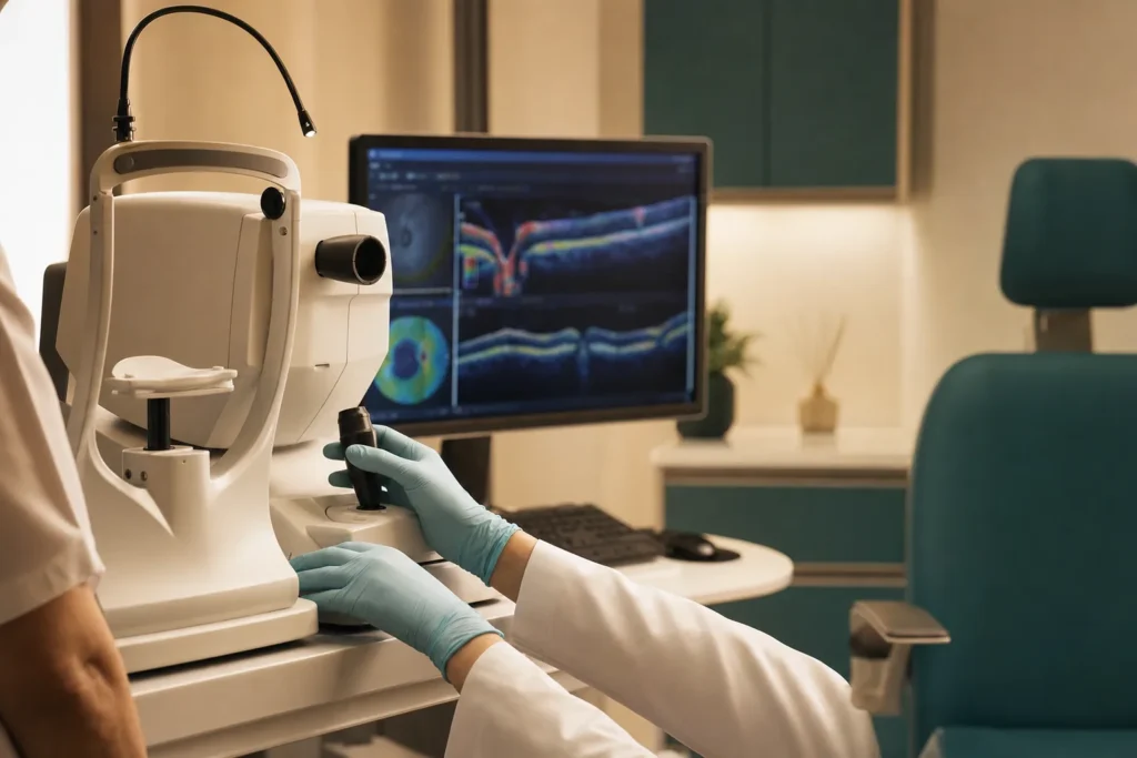 Glaucoma diagnostics room with OCT imaging and a visual-field analyser.