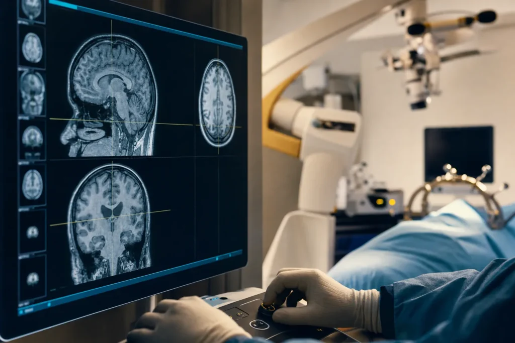 Neurosurgical planning with brain MRI on a neuronavigation display.