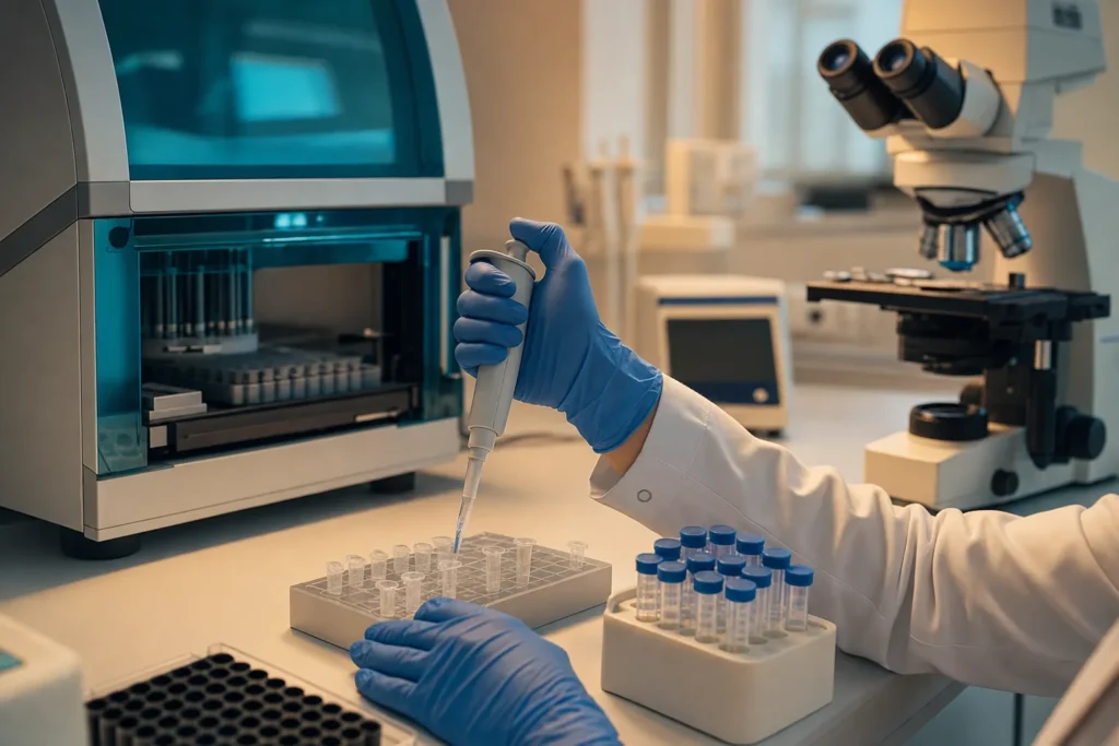 Virology laboratory with PCR analyser and microscope for hepatitis B diagnostics.