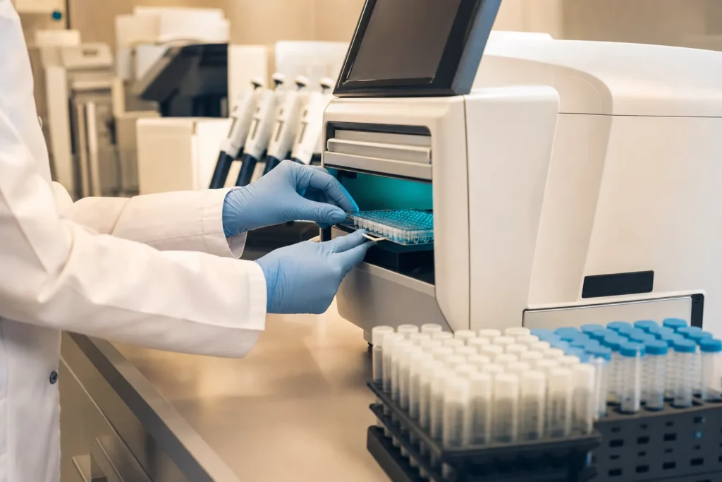 Molecular diagnostics lab with a PCR machine and sample tubes for hepatitis C testing.