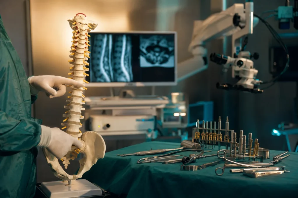 Spine-surgery setting with an anatomical spine model, instruments and lumbar MRI.