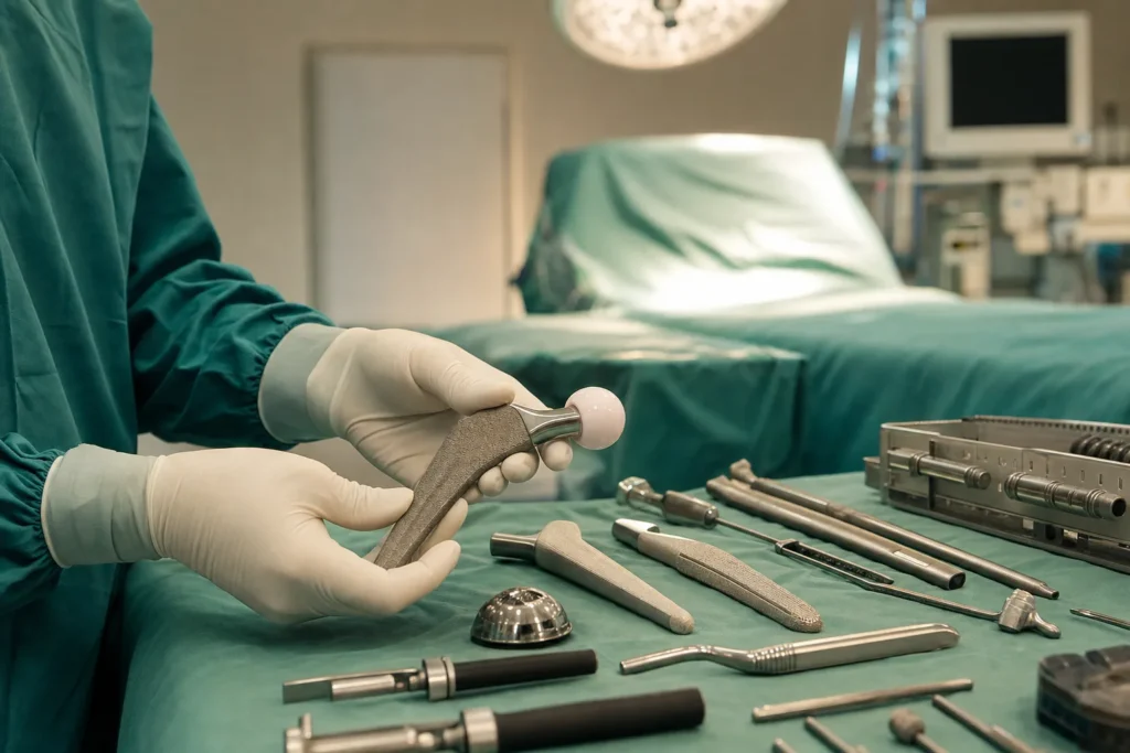 Titanium total-hip implant and instruments arranged on a surgical tray.