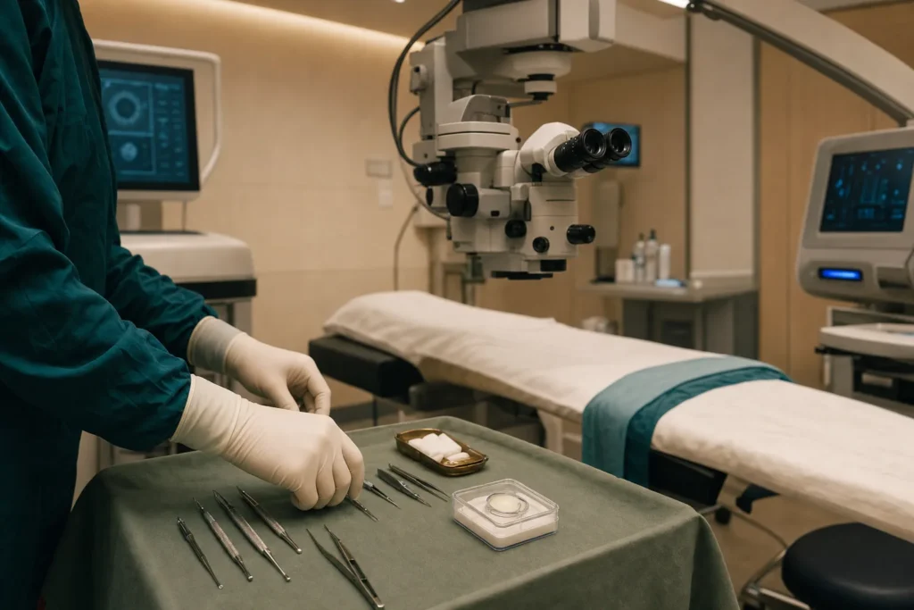 Refractive-surgery suite with an ophthalmic microscope and implantable lens instruments.