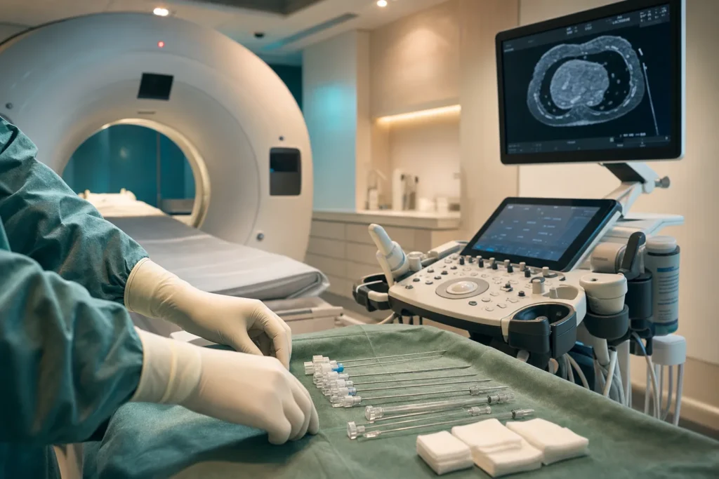 Image-guided biopsy suite with imaging equipment and a sterile biopsy needle tray.
