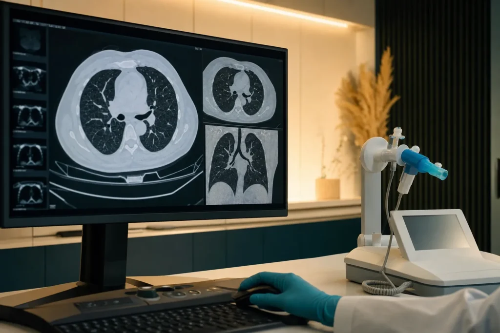 Thoracic-imaging review with high-resolution chest CT and a lung-function device.
