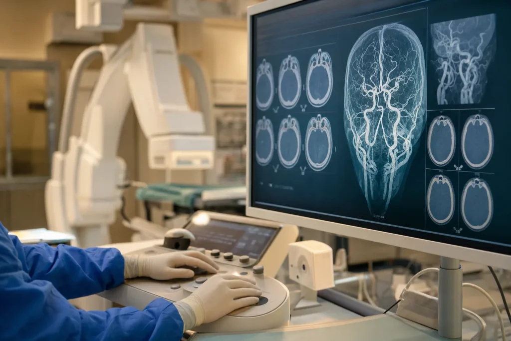 Stroke imaging review with brain CT on a monitor and angiography equipment.